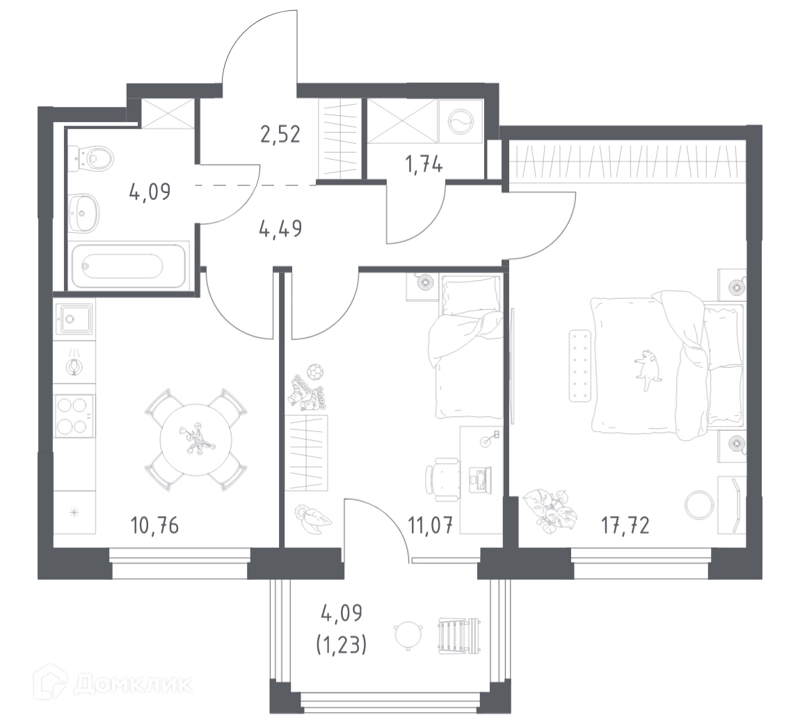 2-комнатная квартира 53.62 м² Прибрежный Парк