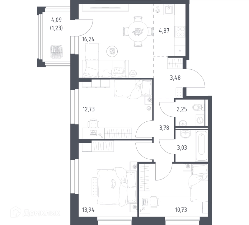 3-комнатная квартира 72.28 м² Прибрежный Парк