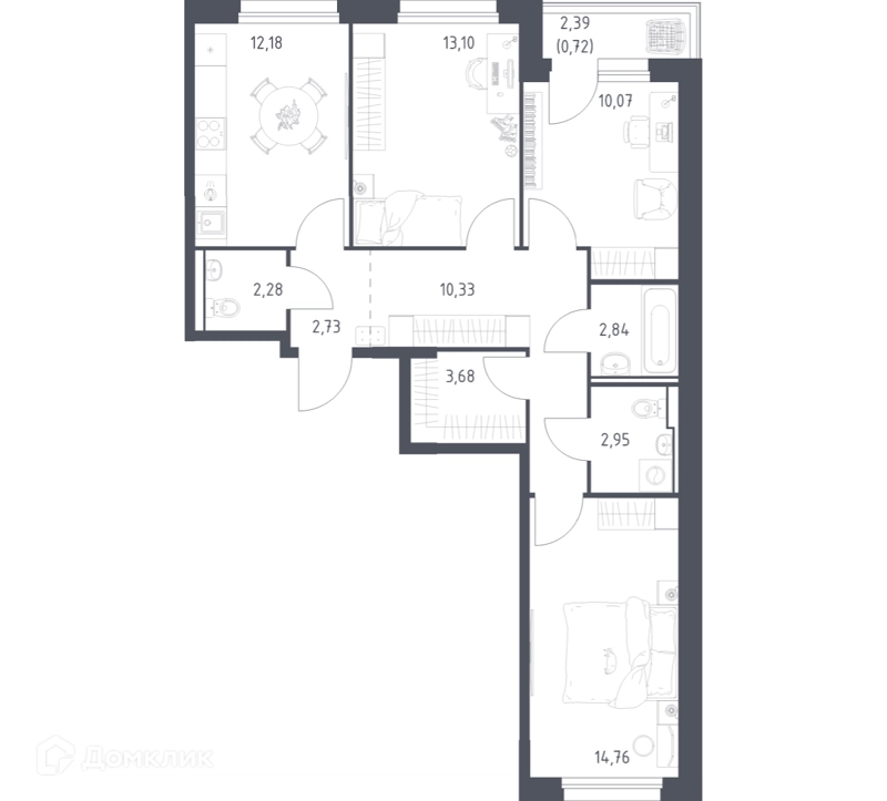 3-комнатная квартира 75.64 м² Прибрежный Парк