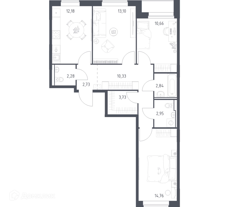 3-комнатная квартира 75.56 м² Прибрежный Парк