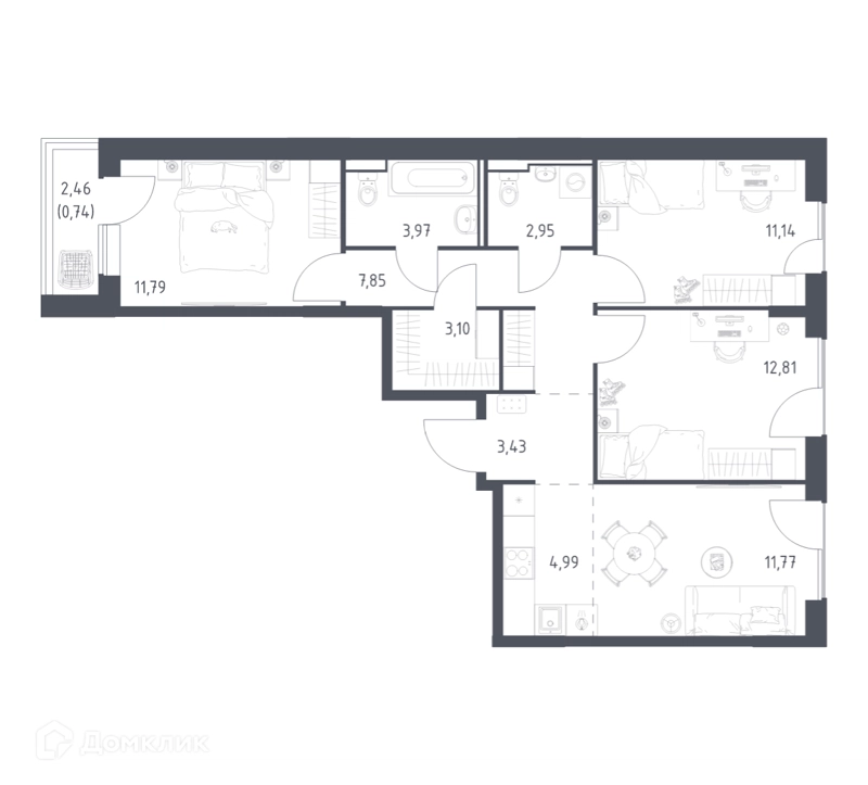 3-комнатная квартира 74.54 м² Прибрежный Парк