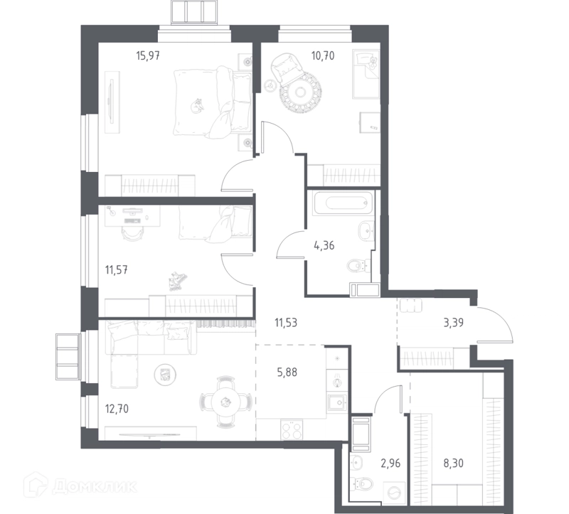 3-комнатная квартира 86.1 м² Прибрежный Парк