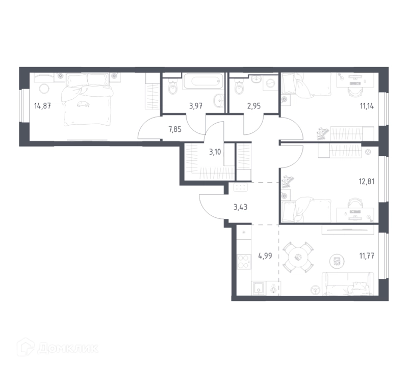 3-комнатная квартира 76.88 м² Прибрежный Парк