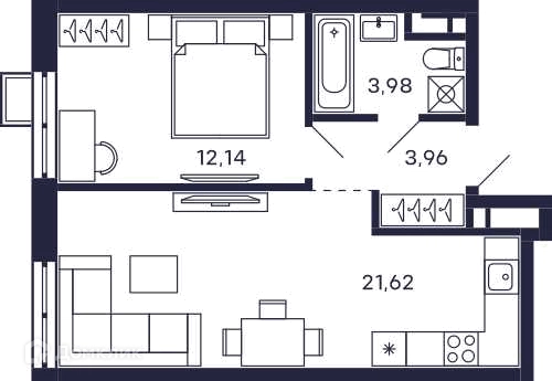 1-комнатная квартира 43.43 м² Тетрис
