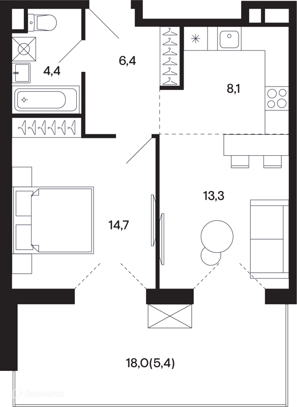 1-комнатная квартира 51.98 м² Базаева 11
