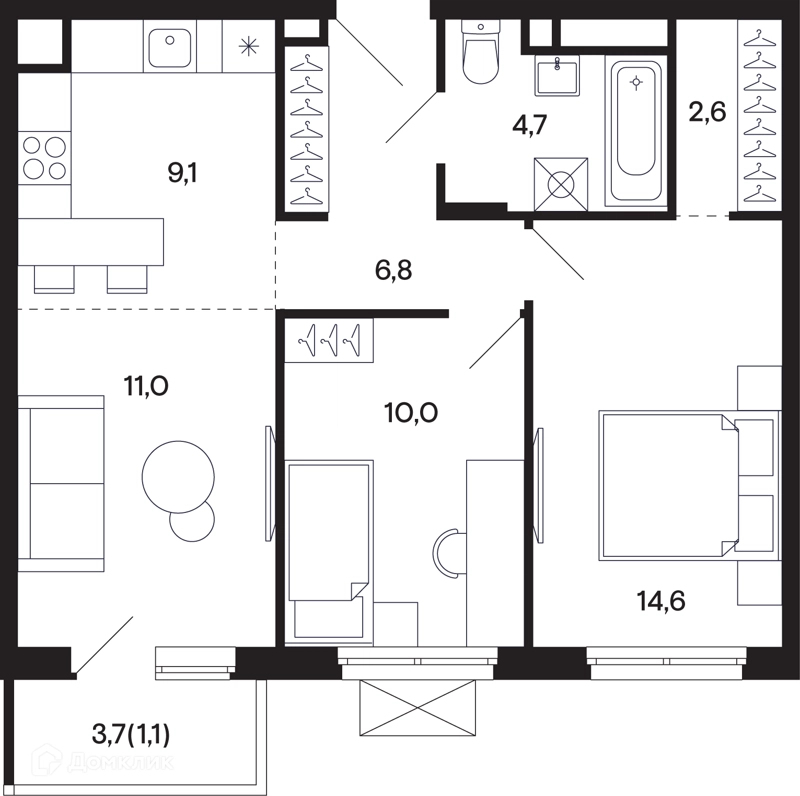 2-комнатная квартира 59.91 м² Базаева 11