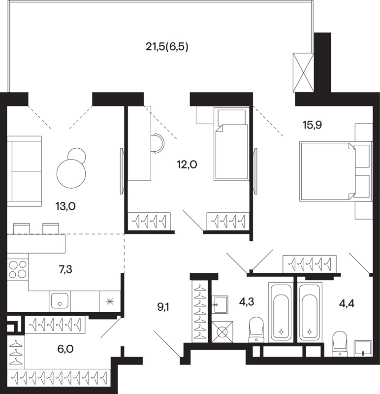2-комнатная квартира 78.14 м² Базаева 11