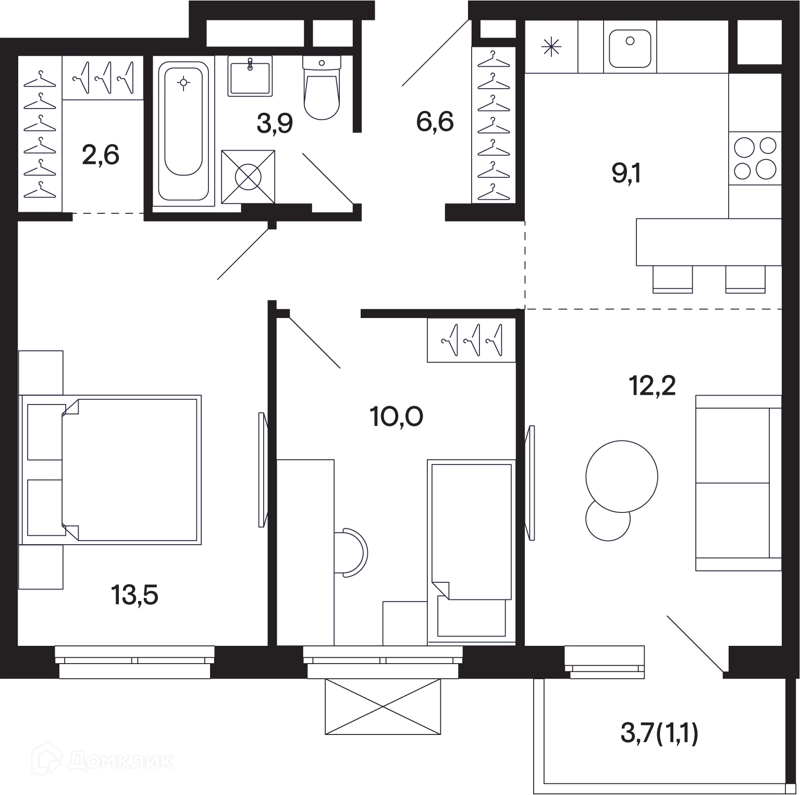 2-комнатная квартира 59.01 м² Базаева 11