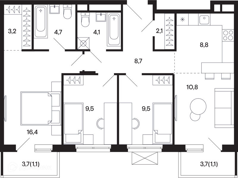 3-комнатная квартира 80.03 м² Базаева 11
