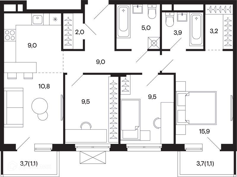 3-комнатная квартира 58.53 м² Базаева 11