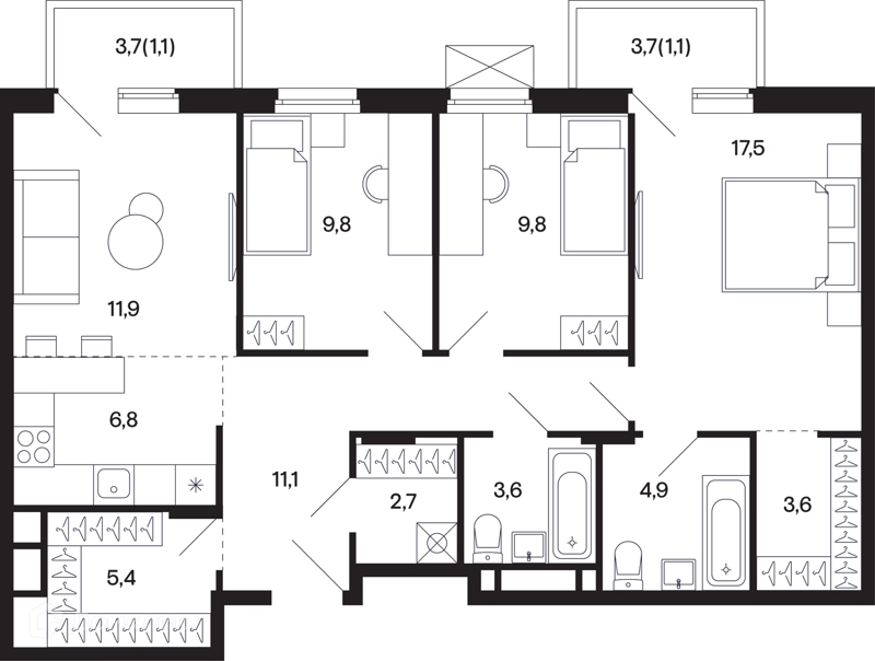 3-комнатная квартира 88.78 м² Базаева 11