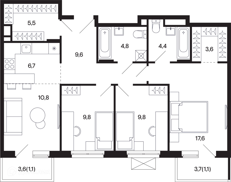 3-комнатная квартира 84.73 м² Базаева 11