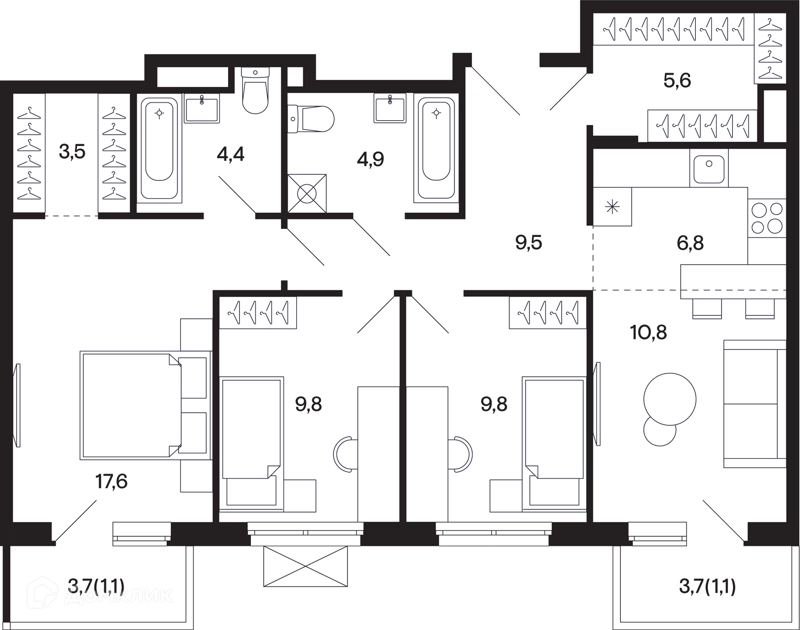 3-комнатная квартира 43.96 м² Базаева 11