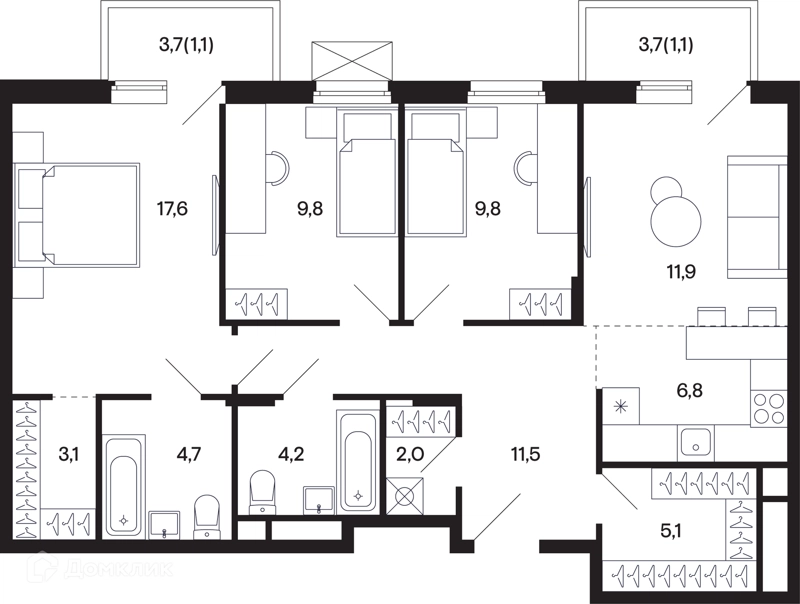 3-комнатная квартира 44.81 м² Базаева 11