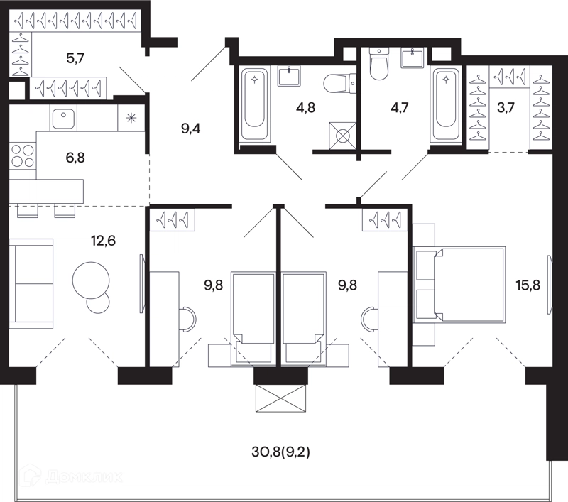 3-комнатная квартира 92.32 м² Базаева 11