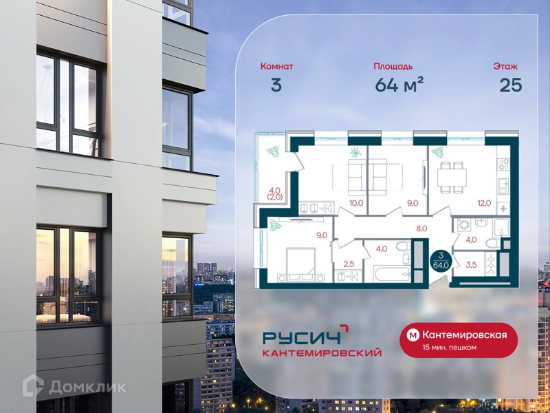 3-комнатная квартира 64 м² РУСИЧ Кантемировский
