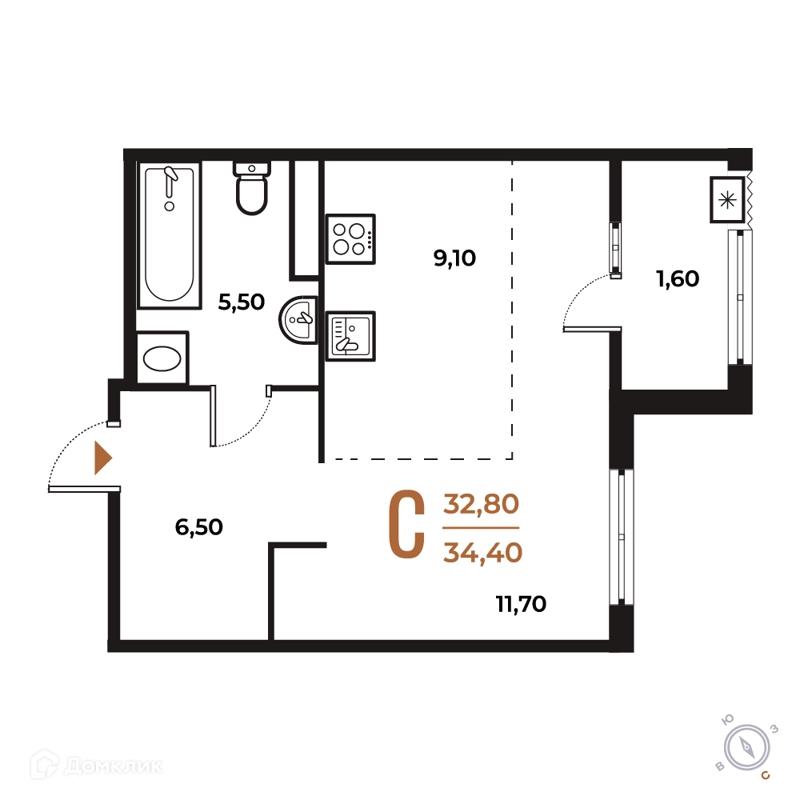 Студия 34.4 м² Новое Летово