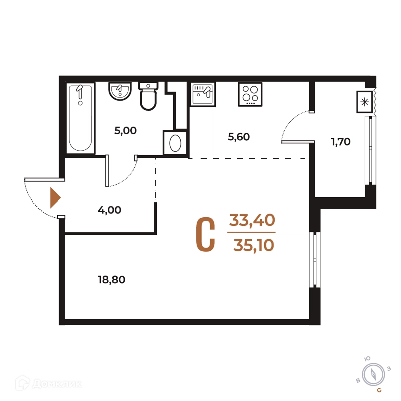Студия 35.1 м² Новое Летово