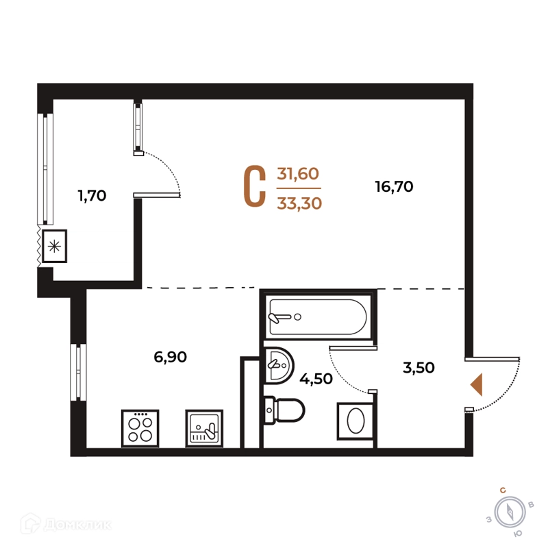 Студия 33.3 м² Новое Летово