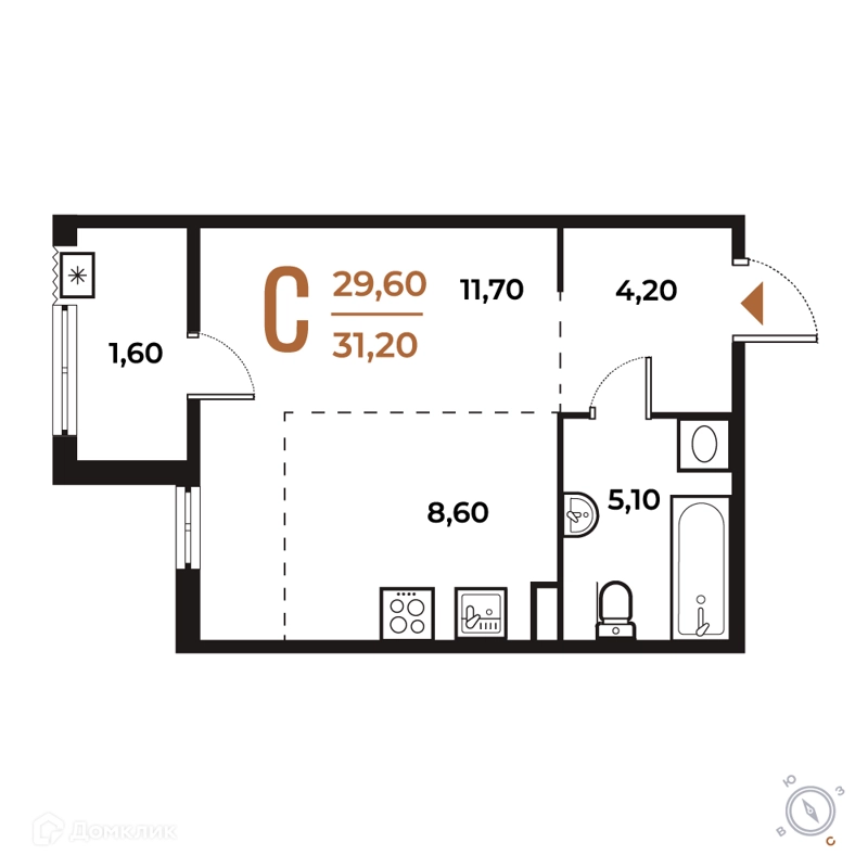 Студия 31.2 м² Новое Летово