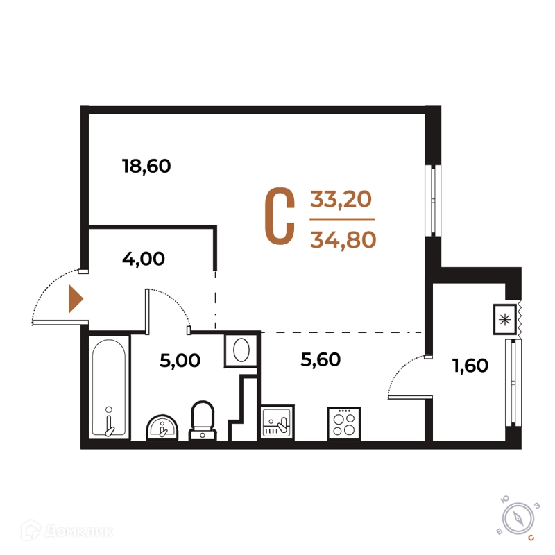 Студия 34.8 м² Новое Летово