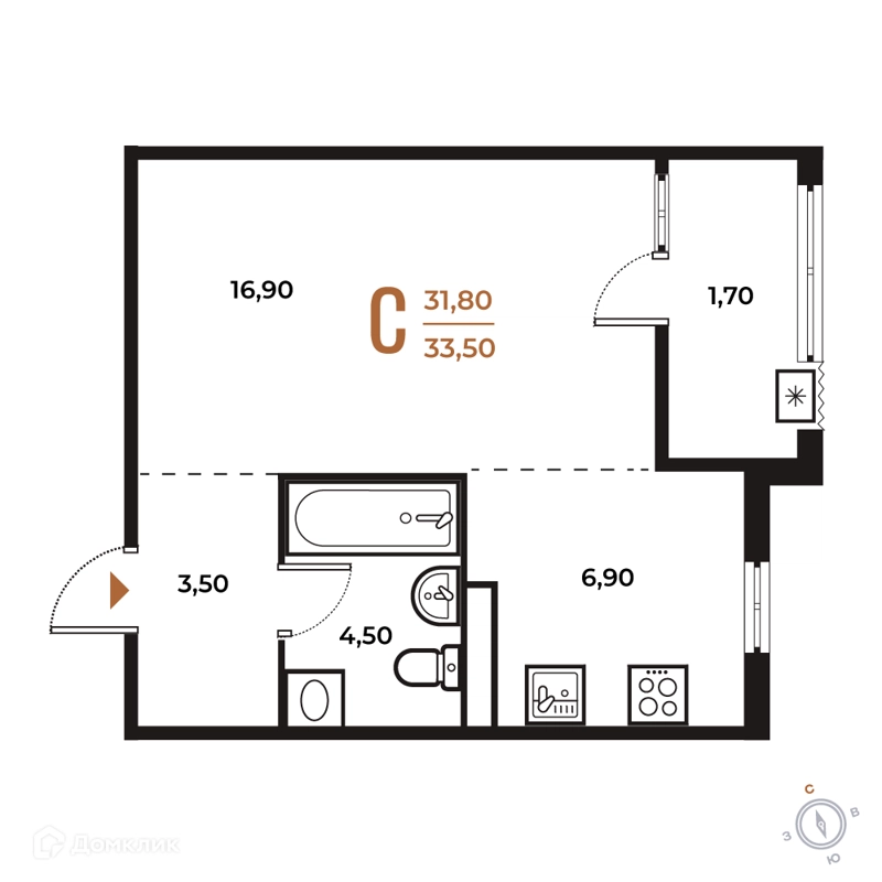 Студия 33.5 м² Новое Летово