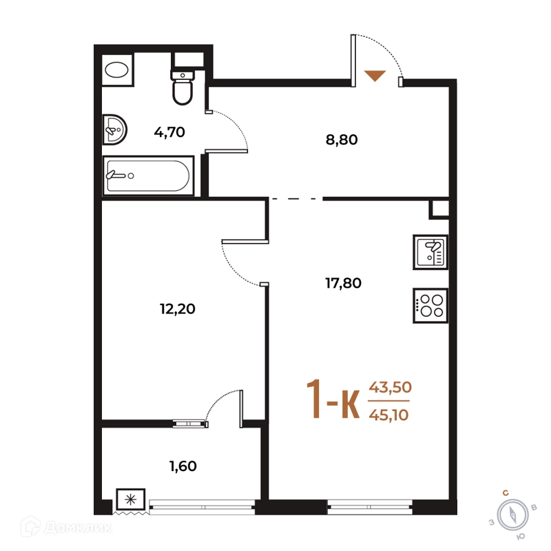 1-комнатная квартира 45.1 м² Новое Летово
