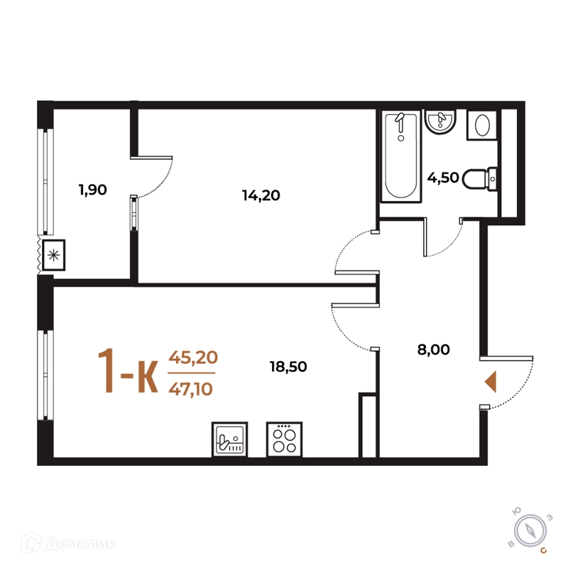 1-комнатная квартира 47.1 м² Новое Летово
