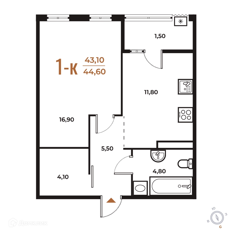 1-комнатная квартира 44.6 м² Новое Летово