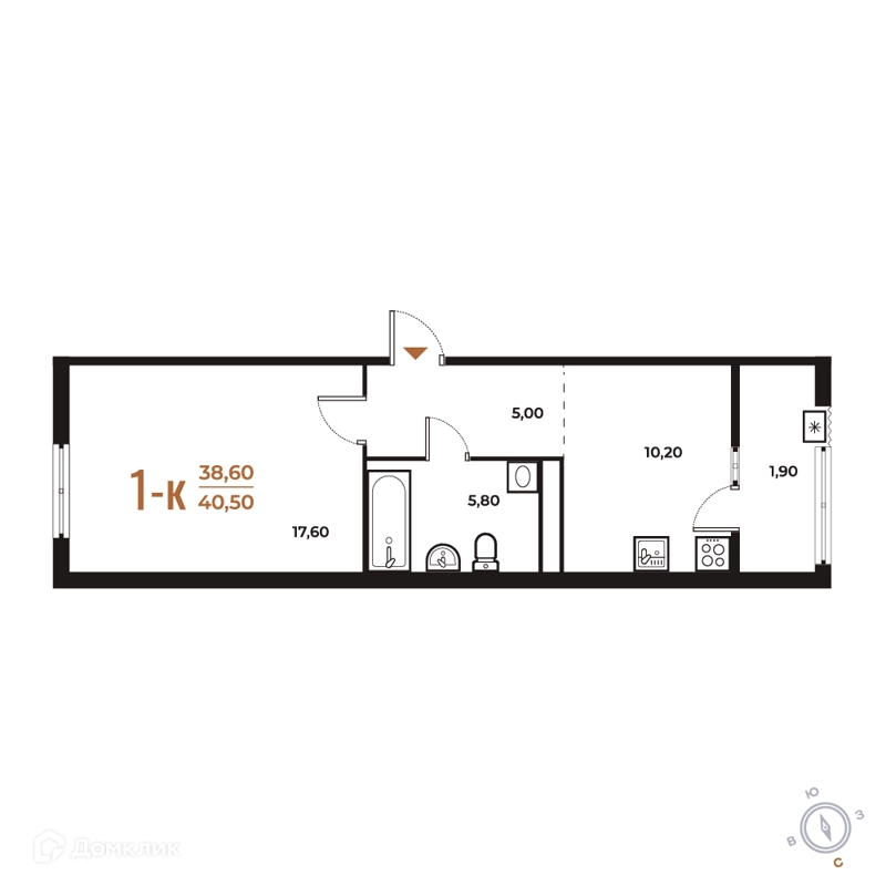 1-комнатная квартира 40.5 м² Новое Летово