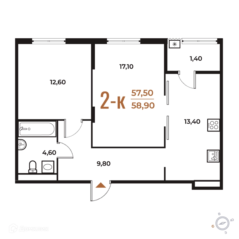2-комнатная квартира 58.9 м² Новое Летово