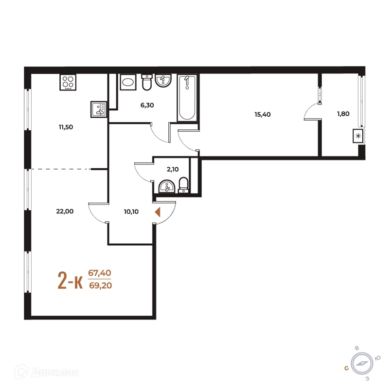 2-комнатная квартира 69.2 м² Новое Летово