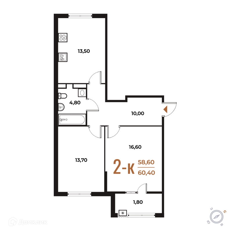 2-комнатная квартира 60.4 м² Новое Летово