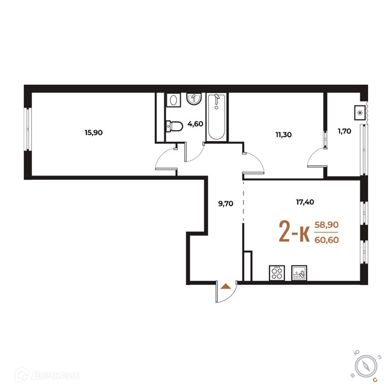 2-комнатная квартира 60.6 м² Новое Летово