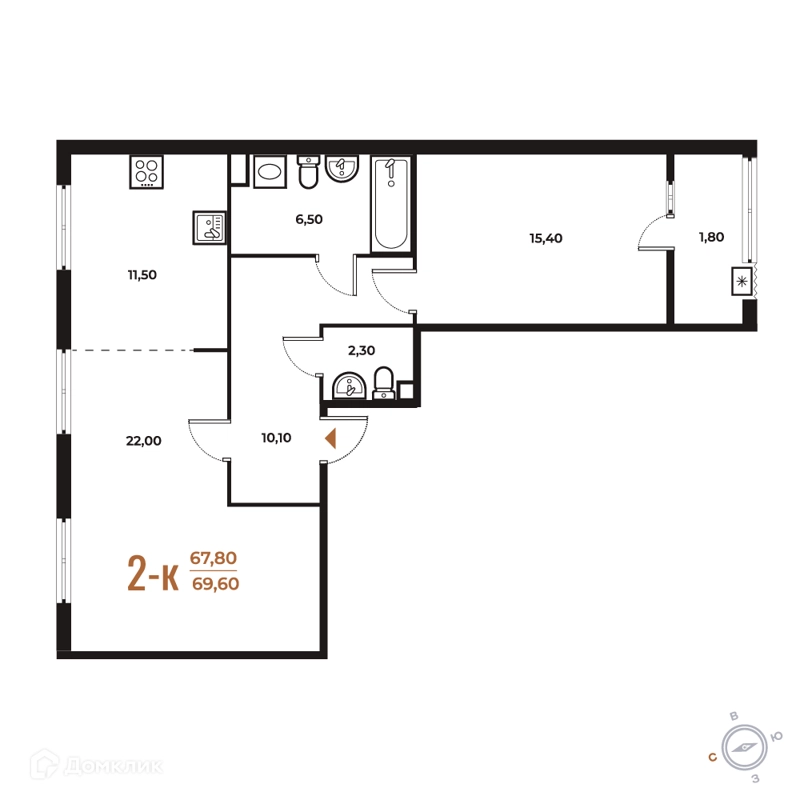 2-комнатная квартира 69.6 м² Новое Летово