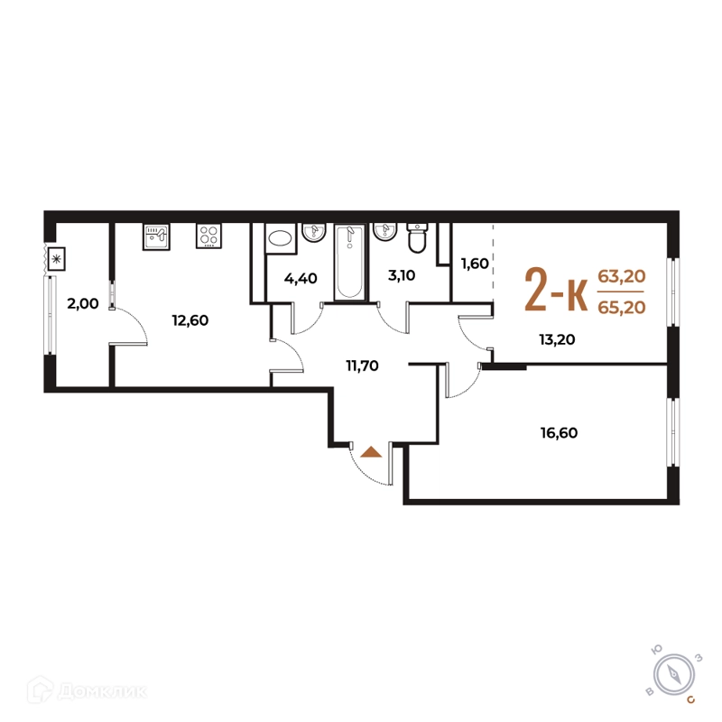 2-комнатная квартира 65.2 м² Новое Летово