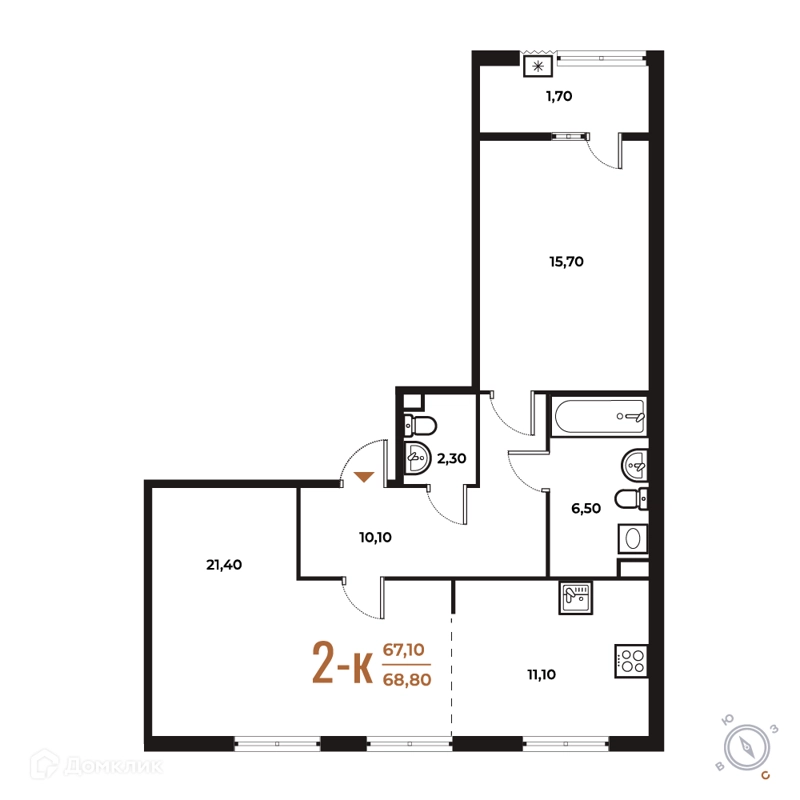 2-комнатная квартира 68.8 м² Новое Летово