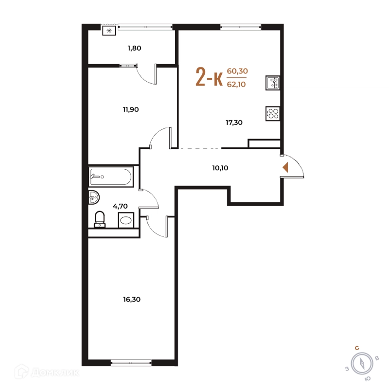 2-комнатная квартира 62.1 м² Новое Летово