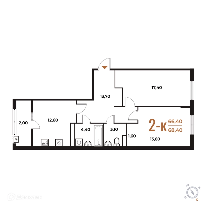 2-комнатная квартира 68.4 м² Новое Летово