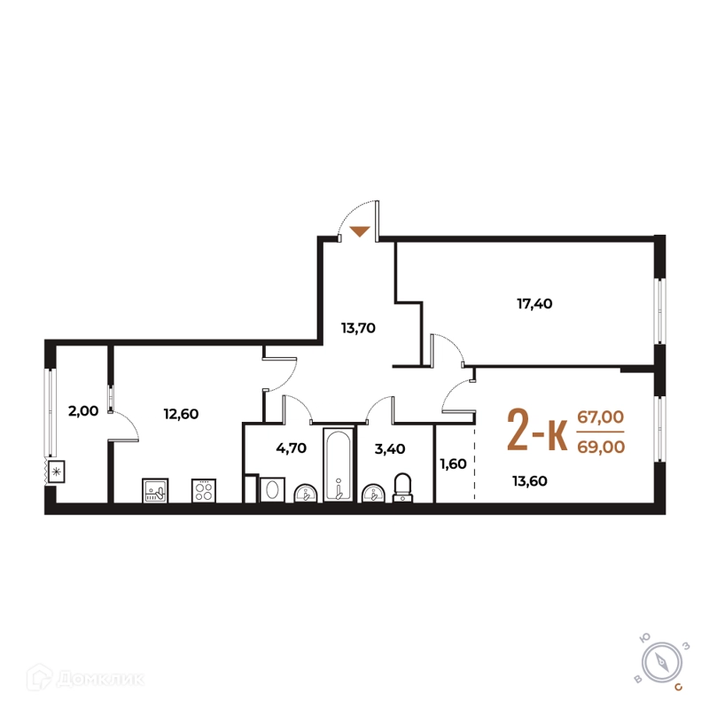 2-комнатная квартира 69 м² Новое Летово