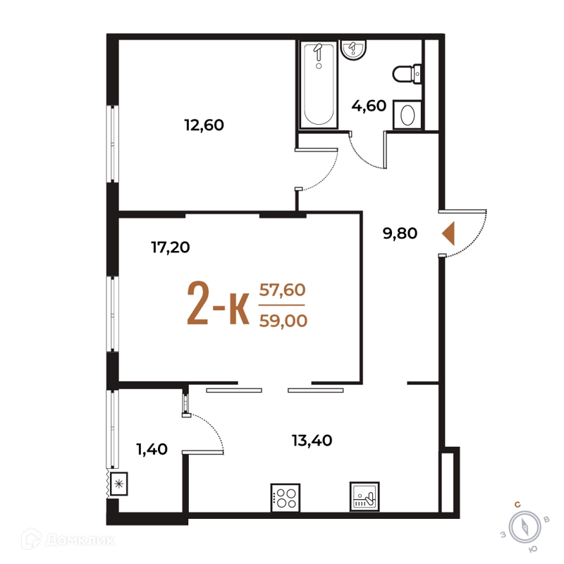 2-комнатная квартира 59 м² Новое Летово