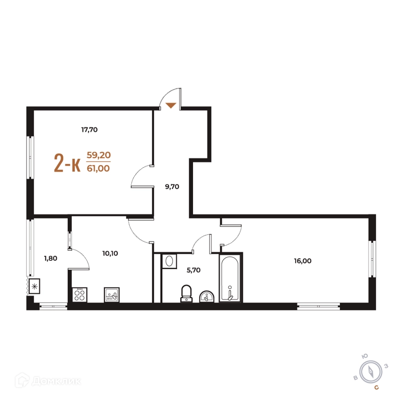 2-комнатная квартира 61 м² Новое Летово