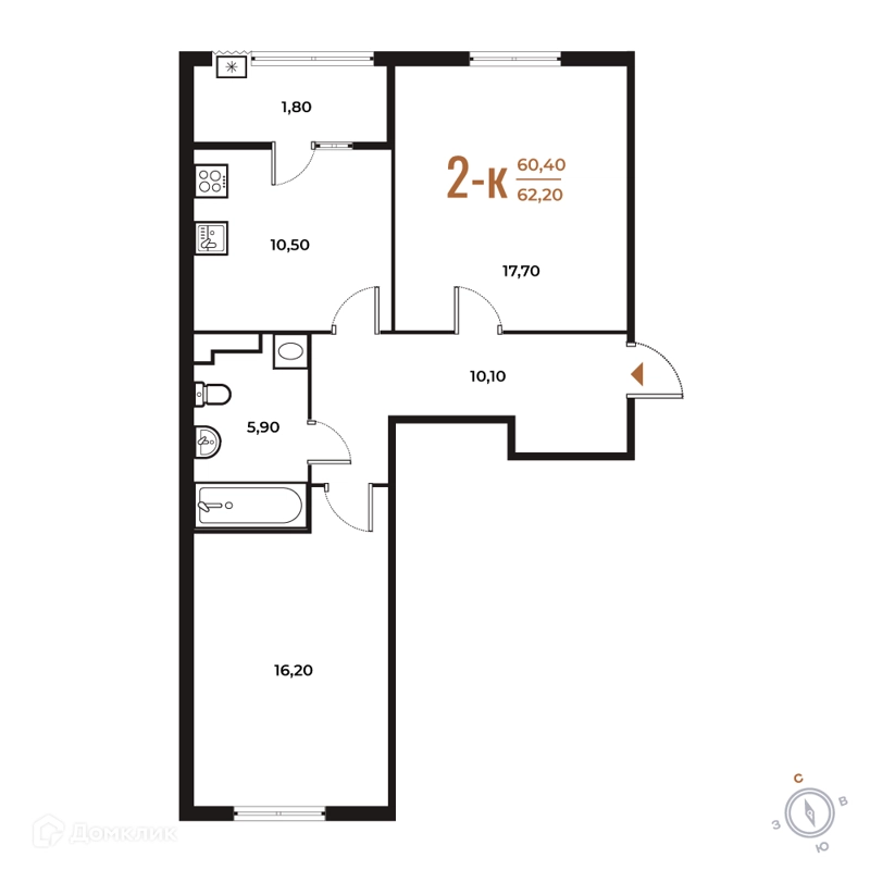 2-комнатная квартира 62.2 м² Новое Летово