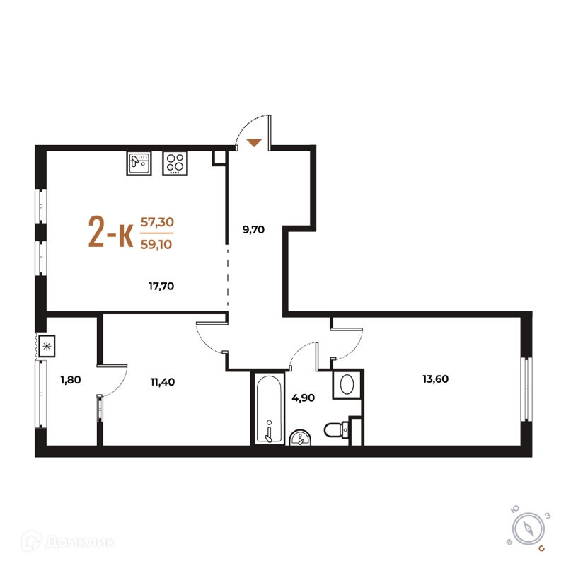 2-комнатная квартира 59.1 м² Новое Летово