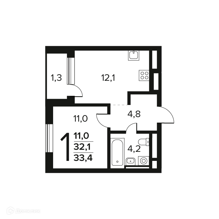 1-комнатная квартира 33.4 м² Новые Ватутинки Заречный