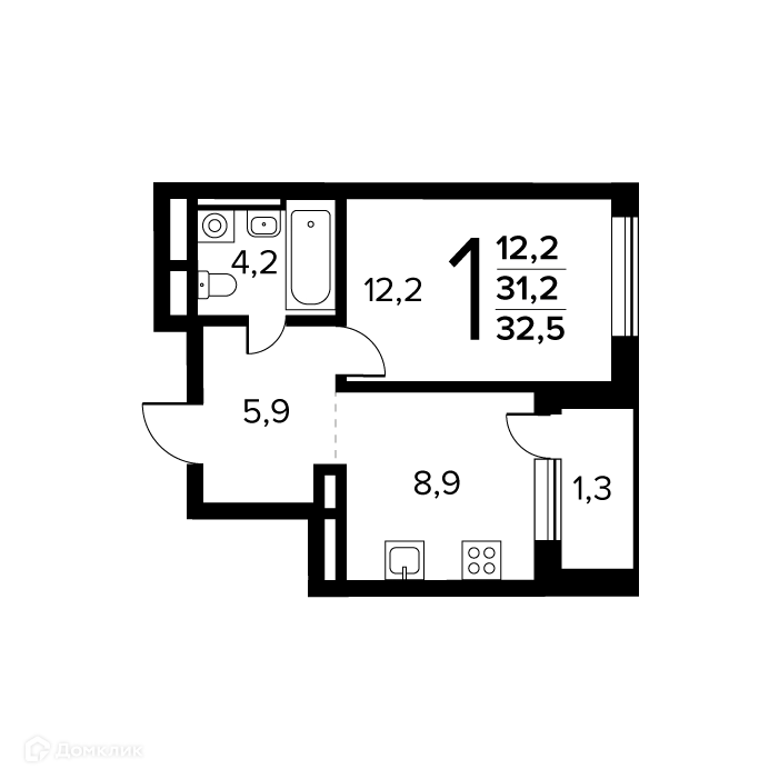 1-комнатная квартира 32.5 м² Новые Ватутинки Заречный