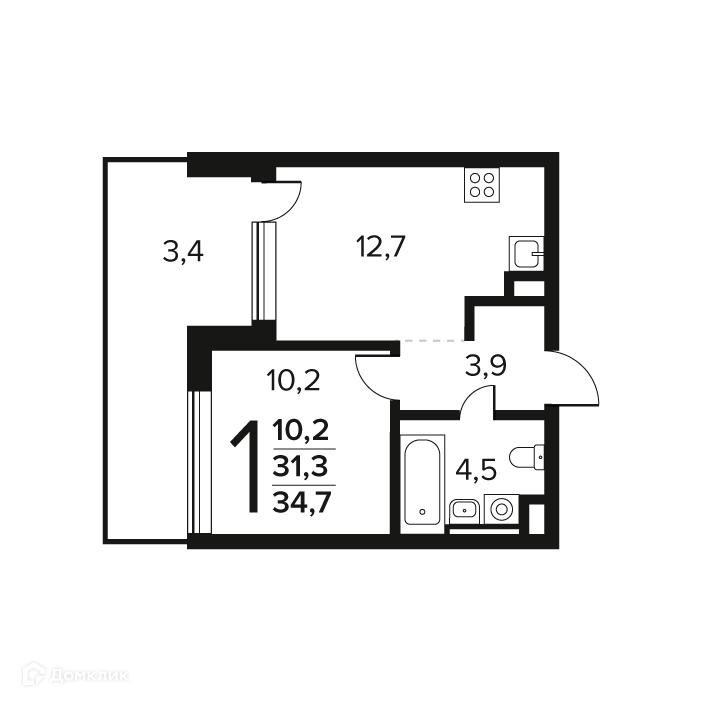 1-комнатная квартира 34.7 м² Новые Ватутинки Заречный