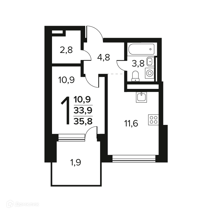 1-комнатная квартира 35.8 м² Новые Ватутинки Заречный