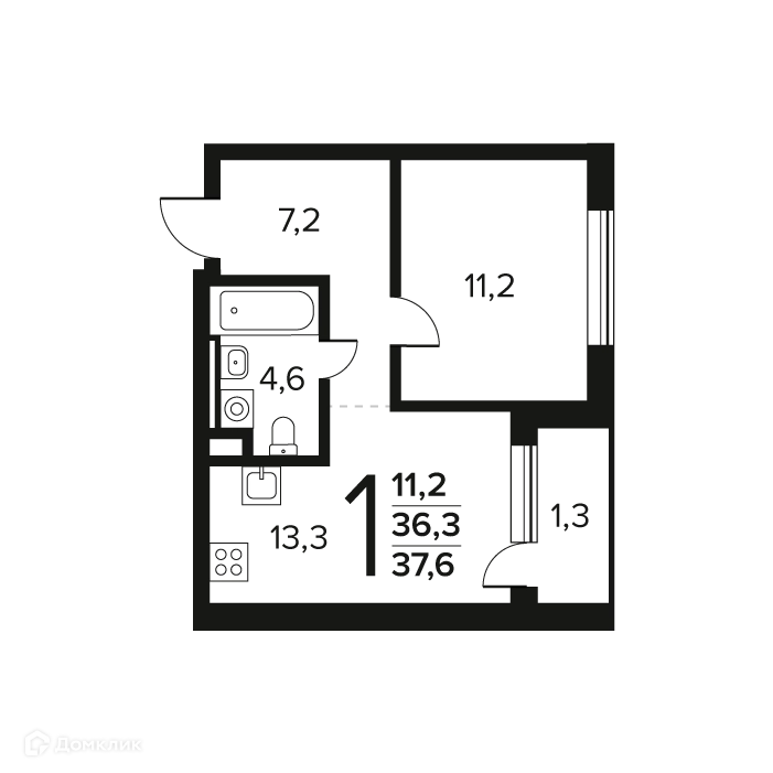 1-комнатная квартира 37.6 м² Новые Ватутинки Заречный
