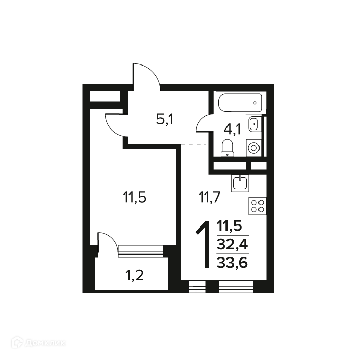 1-комнатная квартира 33.6 м² Новые Ватутинки Заречный